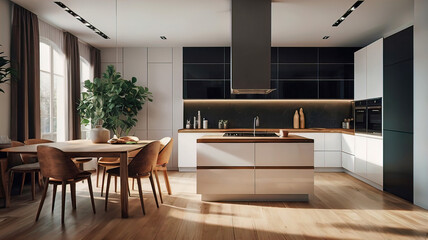 Modern home white kitchen interior, bright designer home furniture, Wooden kitchen interior, modern counter with light countertop, minimal apartment wall decor,