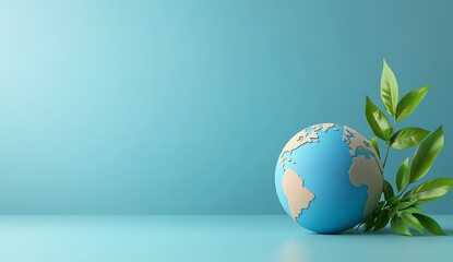 3D Earth with Green Leaves on Blue Background World Environment