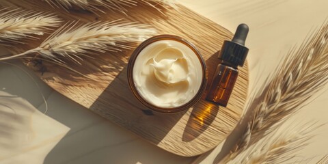 Fototapeta premium Skin care products, including a cream and essential oils, arranged in an agricultural setting with grains in the background.