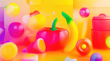 Obraz premium A vivid and colorful abstract illustration featuring various fruits and geometric shapes, creating a visually engaging and vibrant composition that evokes creativity and liveliness.