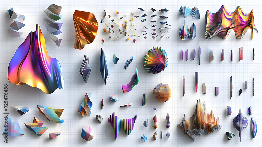 Poster abstract geometric shapes with iridescent colors on a grid background.