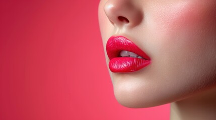 Naklejka premium Close-up of a woman's lips showcasing vibrant red lipstick against a soft pink background