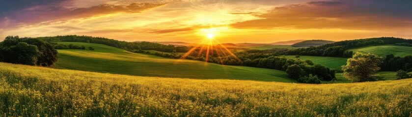 Fototapeta premium Beautiful sunset over rolling hills covered in green fields and yellow flowers.