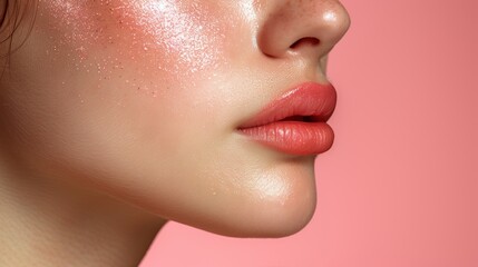 Obraz premium Close-up of a woman’s radiant skin and perfectly shaped lips against a soft pink background