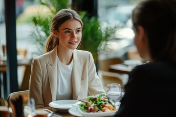 A young woman in a business suit talking to someone at an indoor restaurant. She has long hair and is wearing formal attire, suggesting a professional meeting or discussion.