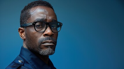 Fototapeta premium A man in glasses with a serious expression poses against a blue background in an indoor setting