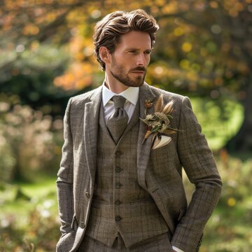 A scratch design cummerbund complements refined waistcoat for rustic setting