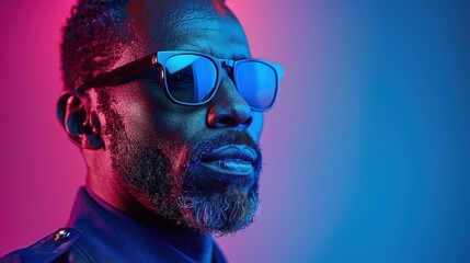 Obraz premium Portrait of a man with sunglasses in dramatic blue and pink lighting