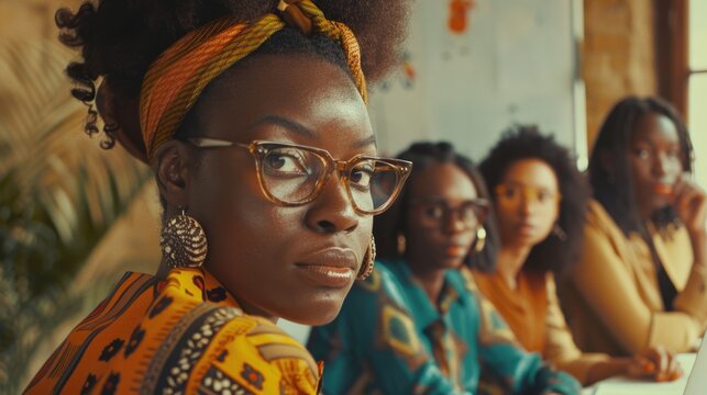 A diverse group of professional women seated around a table, engaged in discussion. Office setting promoting equality and progressive values.