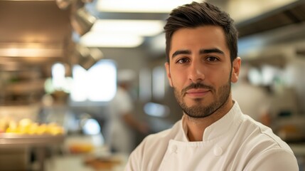 Obraz premium A confident chef stands in a bustling professional kitchen, reflecting a dedication to culinary arts and the pursuit of gastronomic excellence.