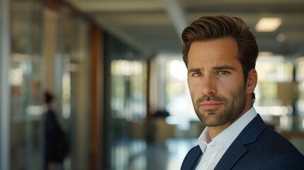 Fototapeta premium A poised businessman stands confidently in a sleek, modern office setting, embodying professionalism and leadership in a corporate environment.