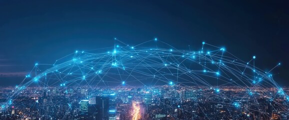 A network of glowing lines connecting a cityscape at night.