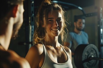 Fototapeta premium Friendly fitness gym atmosphere with smiling woman and man posing for camera.