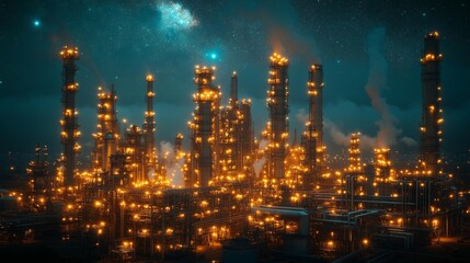 Illuminated industrial complex at night - generative ai
