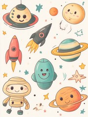 Cute, colorful illustration of various space-themed characters and planets for a fun and educational look at our solar system.