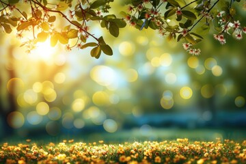 Obraz premium The image portrays a serene springtime scene, with flowers blooming under the warm sun. The forest floor is covered with vibrant yellow flowers that glisten in the soft light.