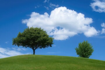 A serene landscape featuring a lone tree and a sapling on a grassy hill under a bright blue sky with fluffy clouds.