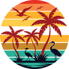 tropical island with palm trees Tshirt Sticker of a retro inspired design 