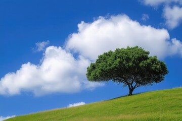 Obraz premium A single tree stands on a green hill under a bright blue sky with fluffy white clouds.