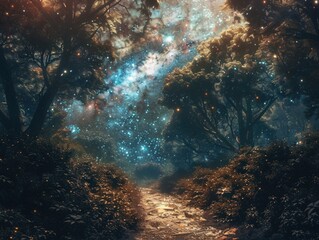 Obraz premium A mystical forest path under a starry night sky