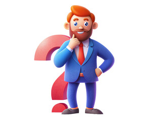 Fototapeta premium Confused 3d cartoon character businessman with question mark.