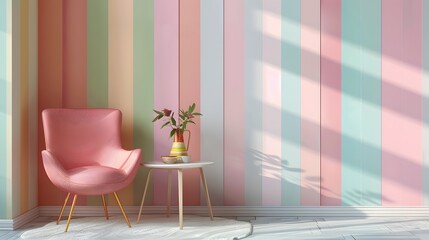 Abstract minimal concept. Pastel multi colour vibrant groovy retro striped background wall frame with bright armchair decor. Mock up template for product presentation. 3D rendering. copy text space