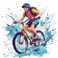 A joyful person on a bicycle in the rain, water splashing, vibrant colors, dynamic motion, cartoon style, isolated on white background