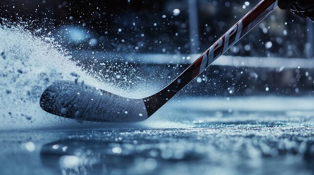 A hockey player's stick slaps the puck, sending ice shavings flying, showcasing the game's power.