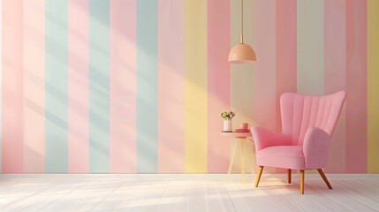 Abstract minimal concept. Pastel multi colour vibrant groovy retro striped background wall frame with bright armchair decor. Mock up template for product presentation. 3D rendering. copy text space