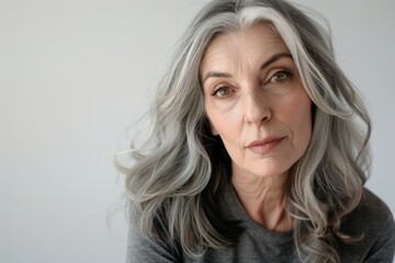 Fototapeta premium An older woman with gray hair, looking contemplative and somewhat somber.