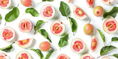 Close-up of pomegranate seeds and leaves on a white surface.
