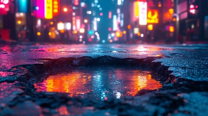 Vibrant neon reflections in a rainy urban night - generative ai