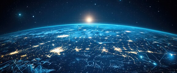 Obraz premium A nighttime view of Earth from space, showing city lights and glowing connections.
