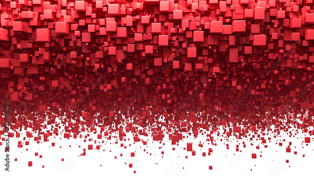 Poster abstract image featuring a gradient of red cubes cascading downward.