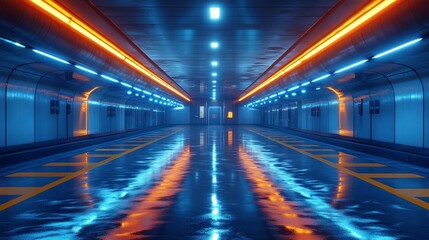 Futuristic underground tunnel with neon lights - generative ai