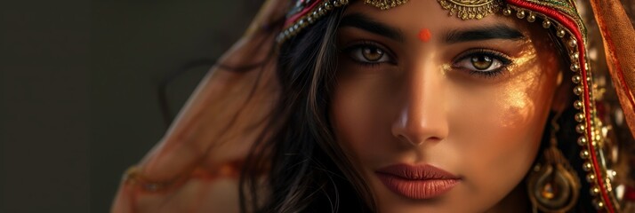 Fototapeta premium A close-up of a woman in traditional attire with rich golden makeup standing gracefully, accentuated details and captivating gaze.