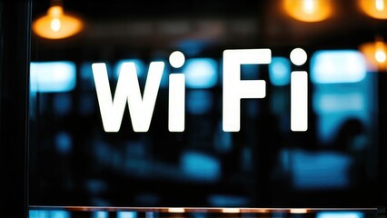 wifi signal on glass background in cafe shop.