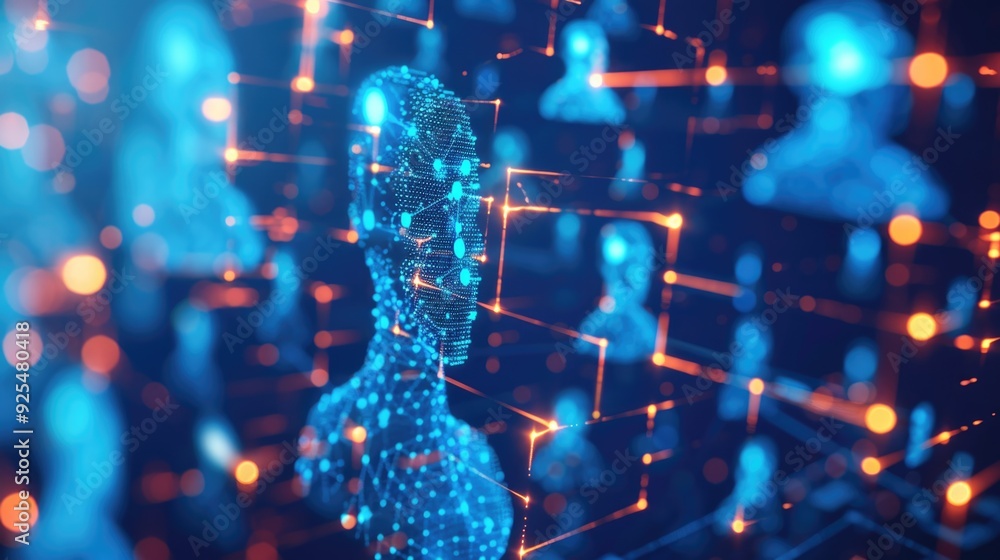 Poster digital avatar surrounded by blue and orange glowing dots representing connections within a cybernet