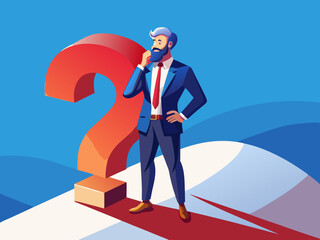 Obraz premium Confused 3d cartoon character businessman with question mark.