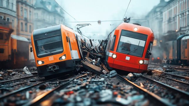 Two derailed and collided trains with scattered debris on railway tracks in an urban area.
