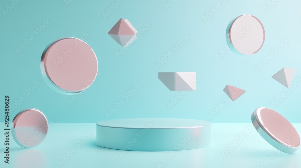 Poster digital abstract design with reflections on pink circles, cubes and light effects on a teal backgrou