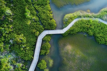 Aerial view of a wooden boardwalk curving through a lush green wetland with water and vegetation.