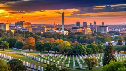 Obraz premium Panoramic view of Washington DC skyline at sunset from Arlington Cemetery, Washington DC, skyline, sunset