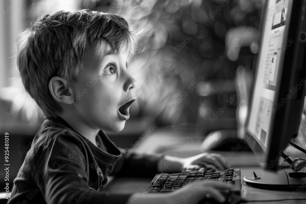 Aufkleber a young boy displaying amazement while interacting with a computer screen.