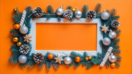 Christmas and New Year frame with fir branches on orange background. Flat lay, top view.