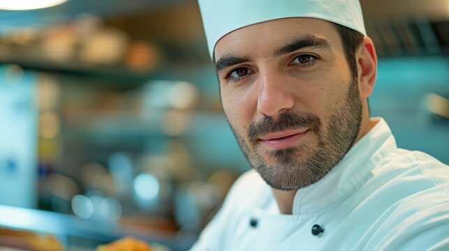 A chef in a white uniform stands confidently in a professional kitchen, looking at the camera while holding kitchen utensils, with a focused expression.