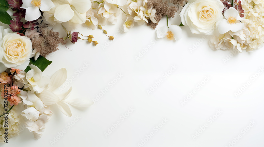 Wall mural Flowers on white background, empty space in the center