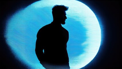 black silhouette of a man on a glowing neon background.