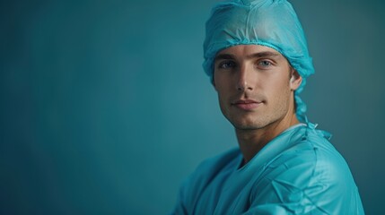 Young male medical professional in teal surgical attire posing against a blue backdrop