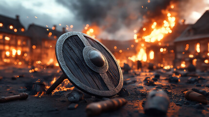 A scene of destruction with a Viking shield on the ground, amidst debris and burning buildings in the background.
